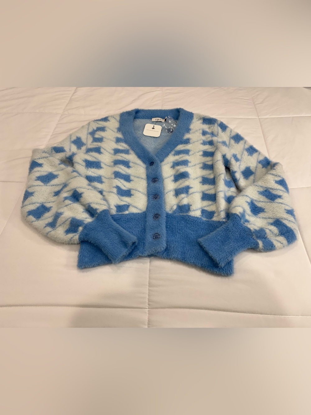 NWT Blue & White Patterned Small Lush V-Neck Cardigan Sweater